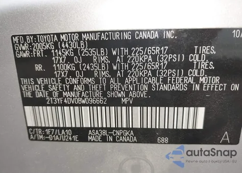 2011 Toyota Rav4 Limited из США, поврежденный, VIN 2T3YF4DV0BW096662